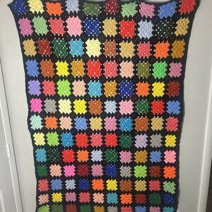 Vintage Granny Square Black Colorful Afghan Crochet Throw Blanket 70 X 47 Retro